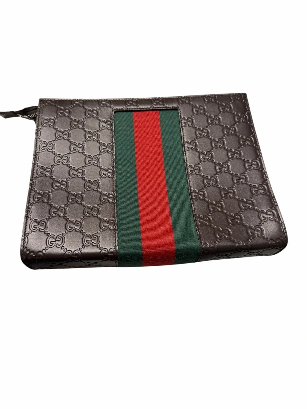 Gucci Dark Brown Embossed Leather Toiletry Pouch with Green & Red Web Stripe